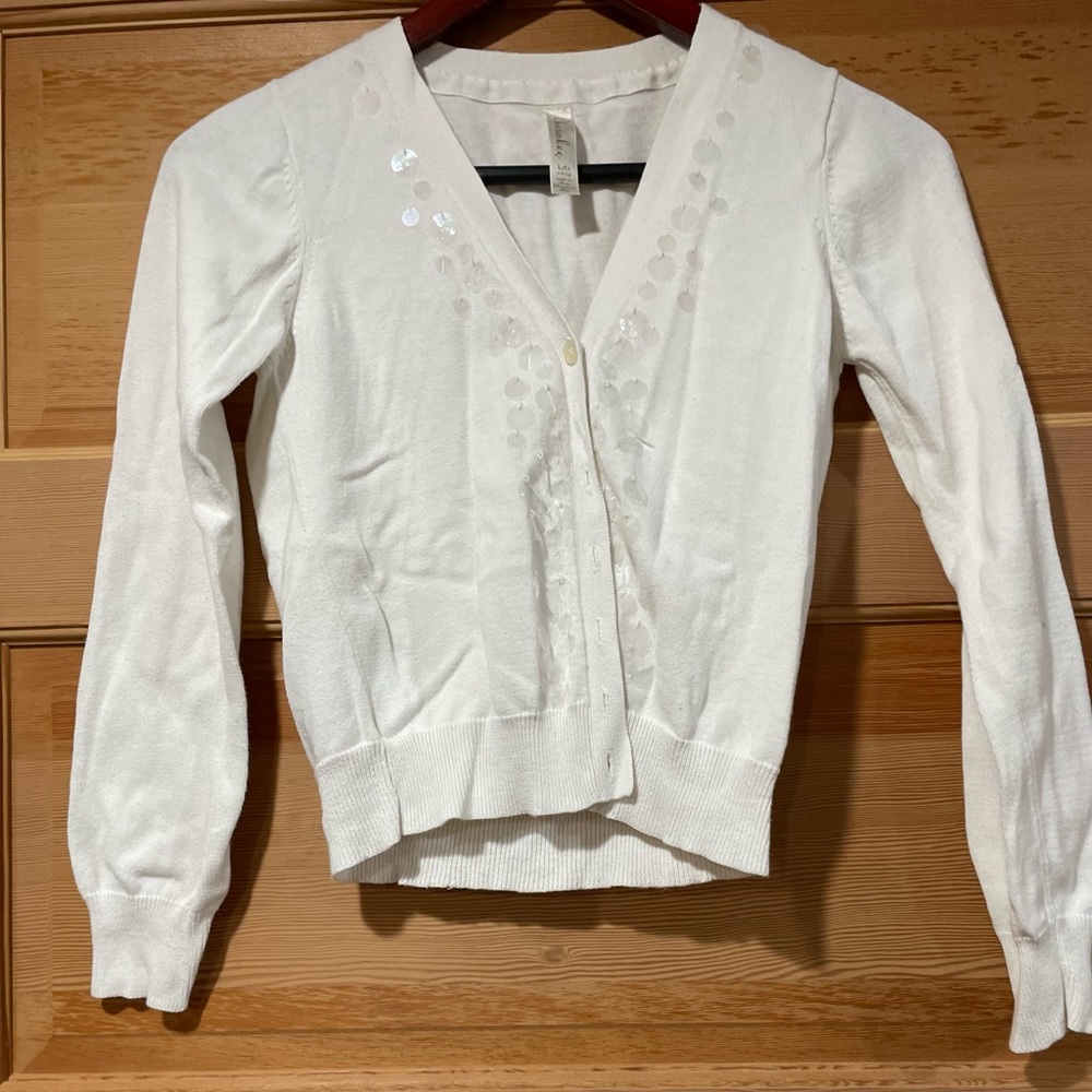 Off white sequined button front long sleeved cardigan- Girls size 10/12
